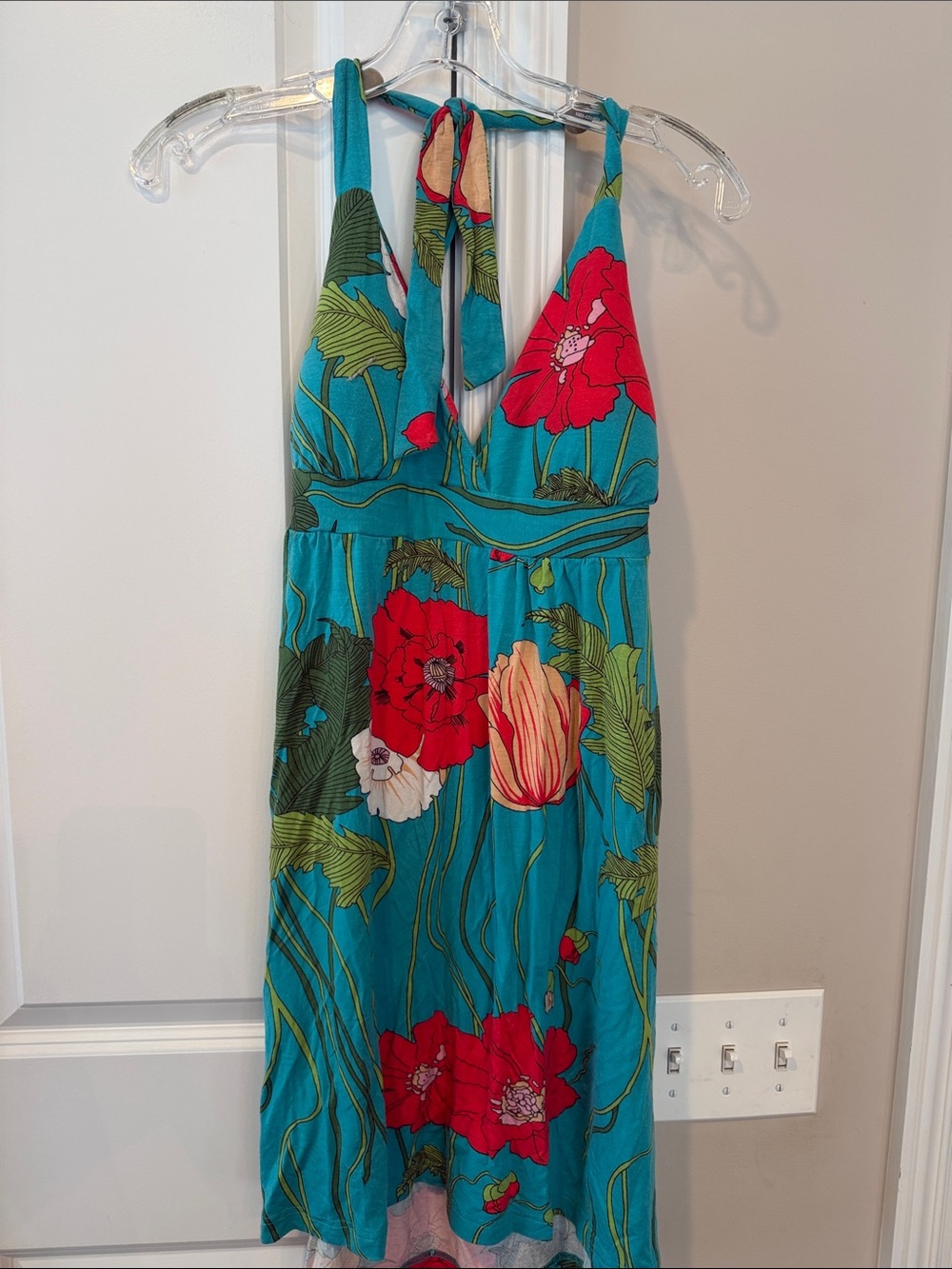 Halter Floral One-Piece Dress in Teal with Red Blooms with built in bra pads